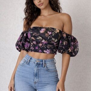 4SI3NNA Floral Puff Off The Shoulder Blouse Top Cropped Black Lilac Mauve Sz XS